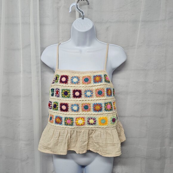 Tan Granny Square Crochet Tank Y2K Boho Hippie Granola Festival S - Picture 11 of 11
